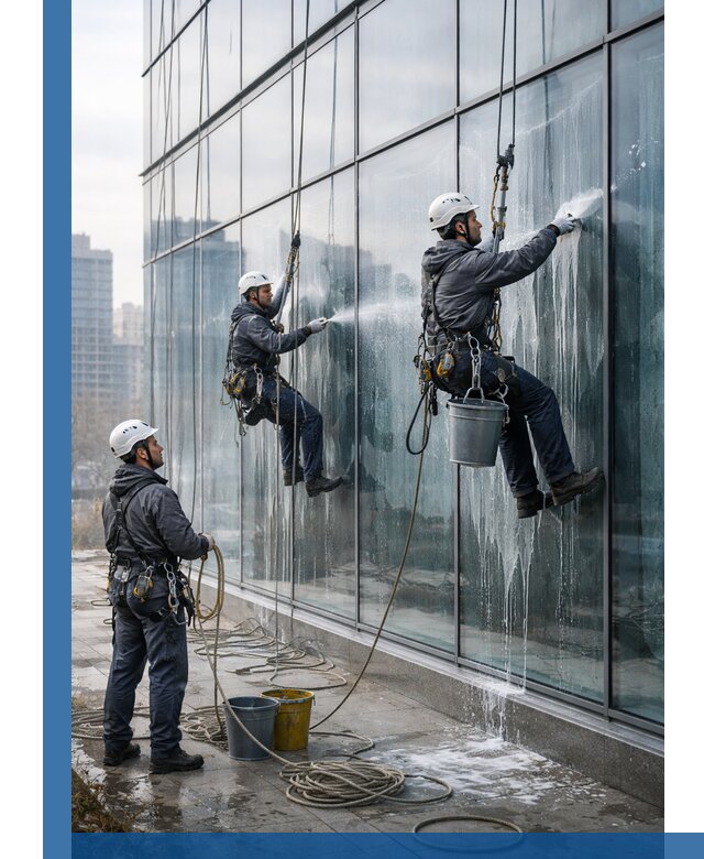 Промышленная мойка панорамных окон на высоте в Камне-на-Оби