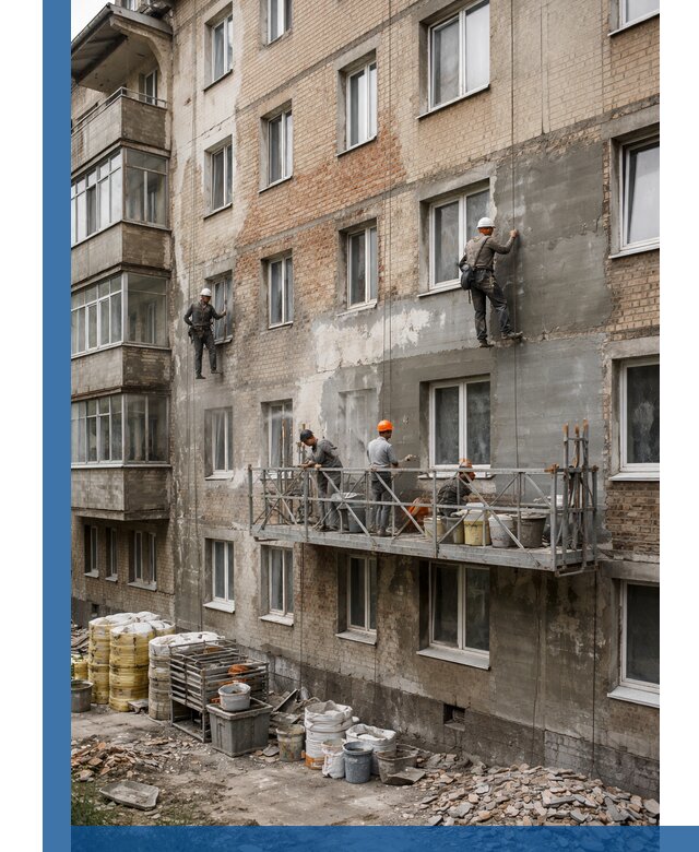 Капитальный ремонт фасада в Камне-на-Оби с восстановлением и гидроизоляцией