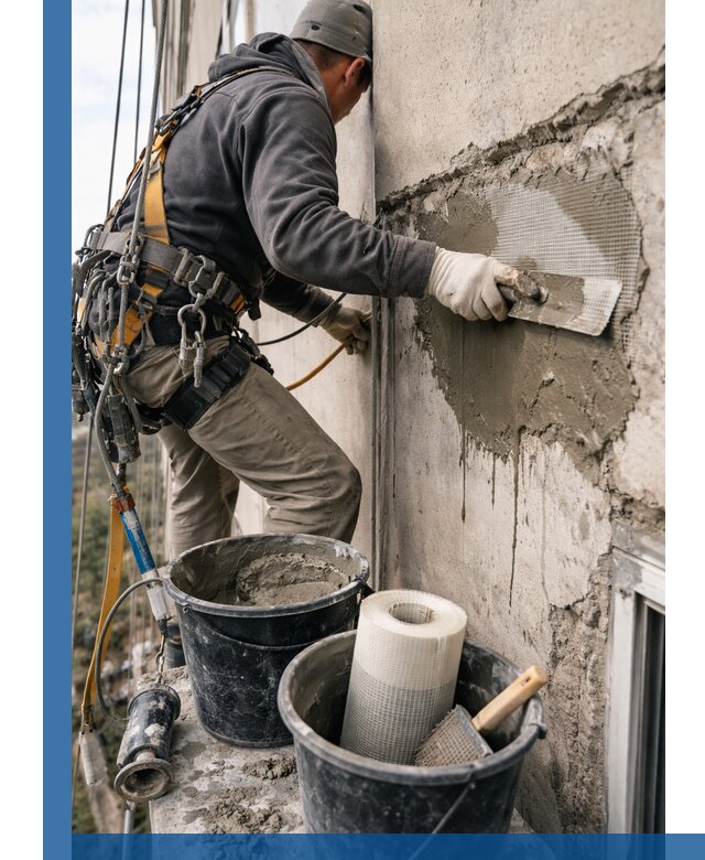 Ремонт бетонных элементов фасада промышленными альпинистами в Камне-на-Оби