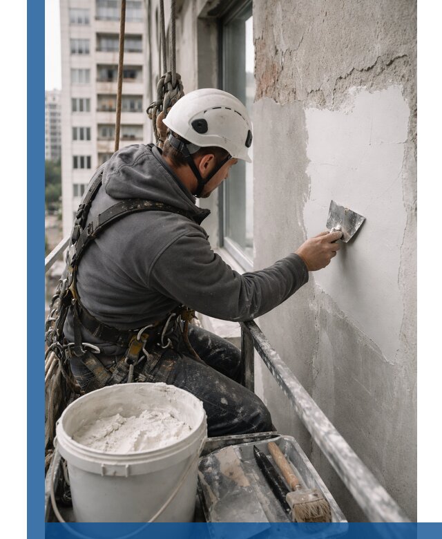 Шпаклевка фасадов на высоте с промальпинистами в Камне-на-Оби