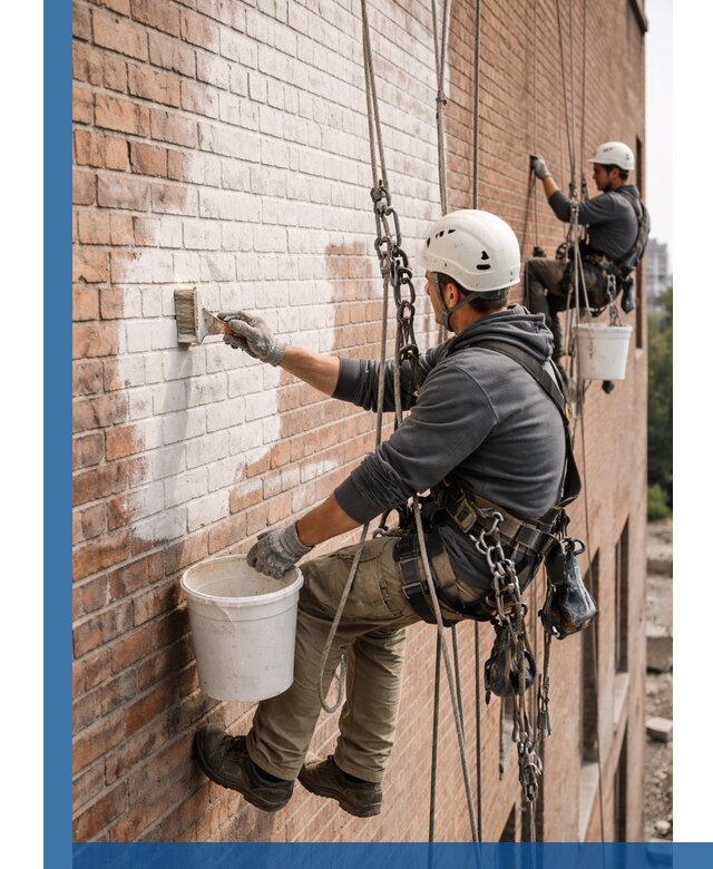 Покраска кирпичного фасада с доступным альпинистским сервисом в Камне-на-Оби
