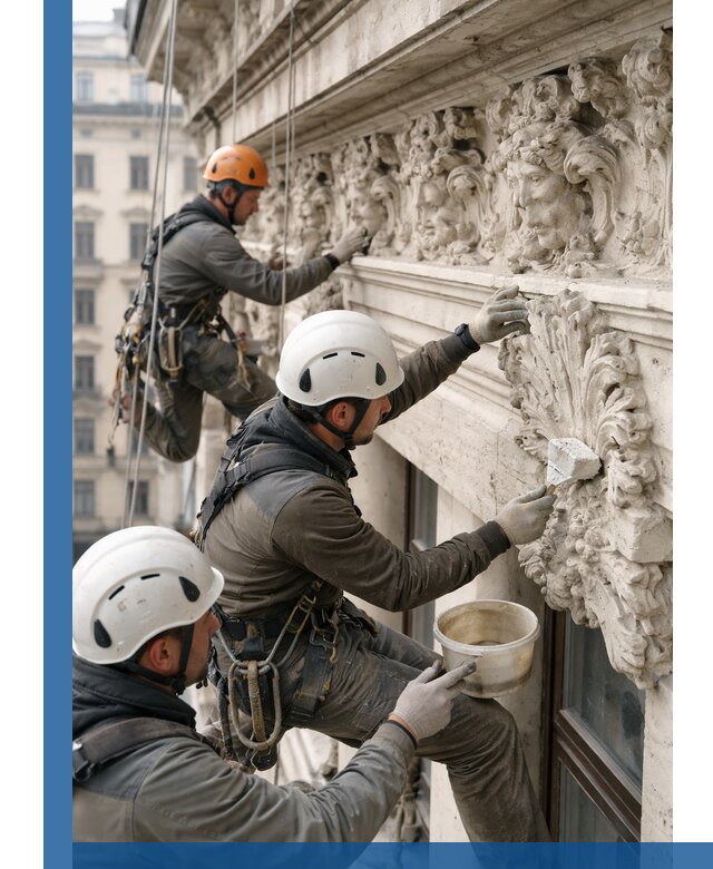 Реставрация фасадной лепнины с высотными работами в Камне-на-Оби