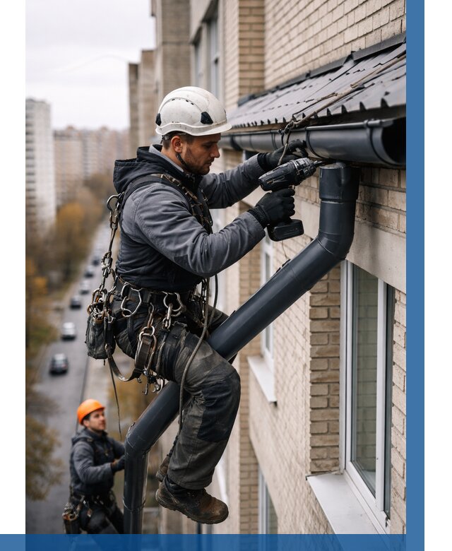 Монтаж водосточной системы на здании в Камне-на-Оби от 5075 р. | ВЫСОТНИК-Кно