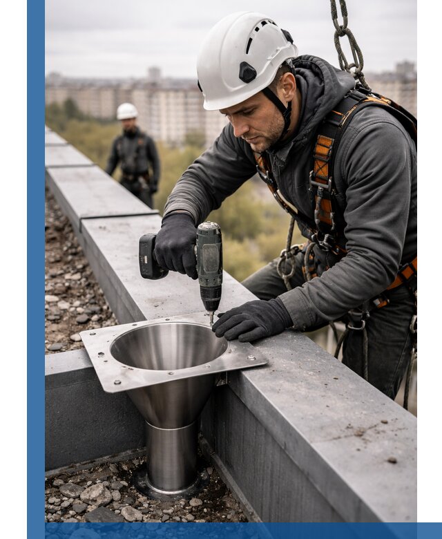 Монтаж водосточных воронок в Камне-на-Оби для промышленных зданий