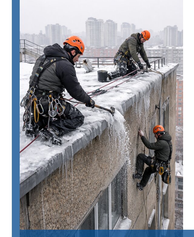 Удаление наледи с кровли в Камне-на-Оби промышленными альпинистами