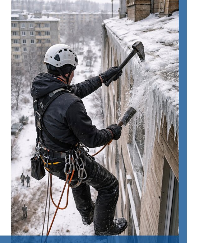 Сбивание сосулек с крыши в Камне-на-Оби по цене от 4568 р. | ВЫСОТНИК-Кно