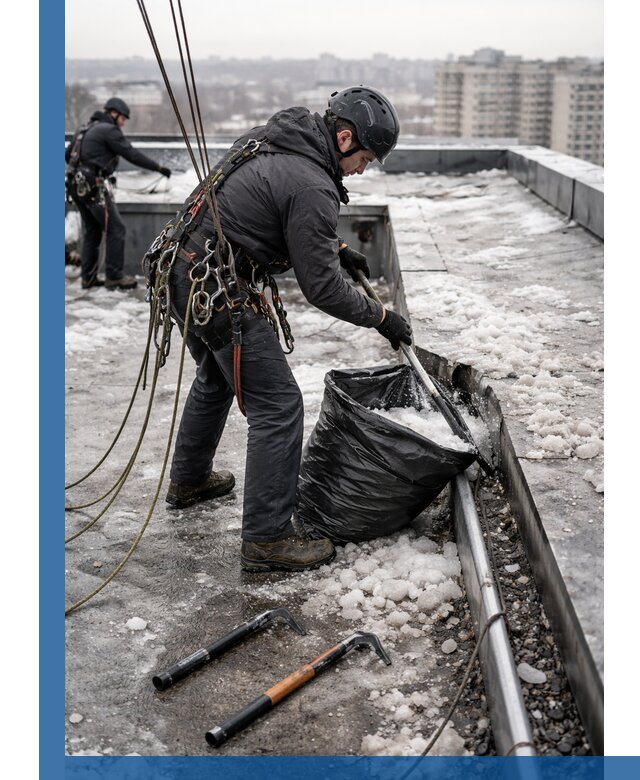 Аварийная очистка кровли в Камне-на-Оби от промальпинистов