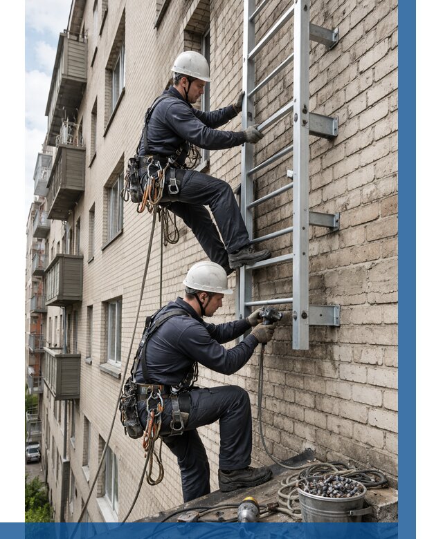 Монтаж пожарной лестницы в Камне-на-Оби от 25375 р заказать у ВЫСОТНИК-Кно