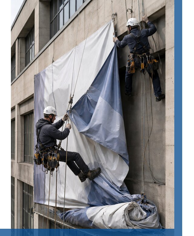 Демонтаж баннеров с фасада в Камне-на-Оби от 4568 р. | ВЫСОТНИК-Кно