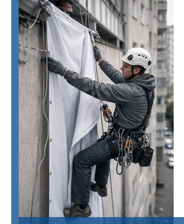 Замена баннерного полотна промышленными альпинистами в Камне-на-Оби