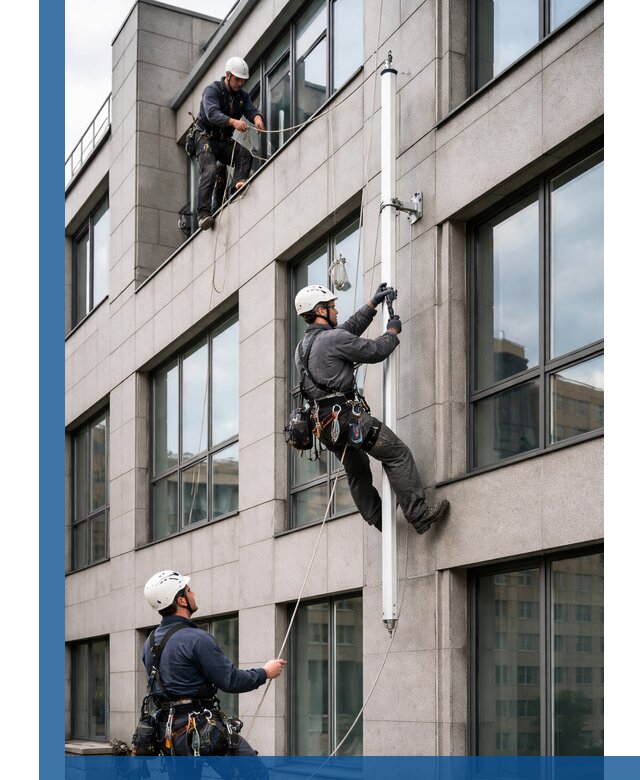 Монтаж флагштока на фасаде здания с креплением и герметикой в Камне-на-Оби