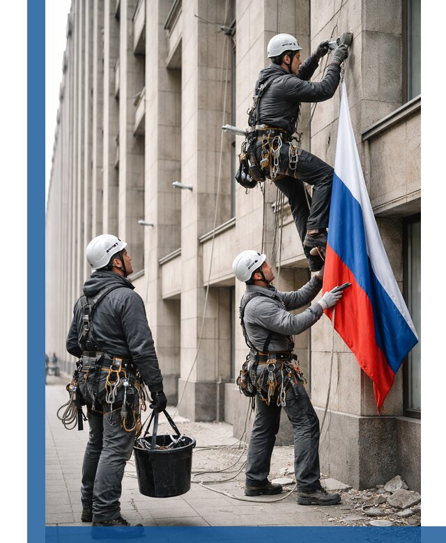 Профессиональная установка флагов на фасаде в Камне-на-Оби