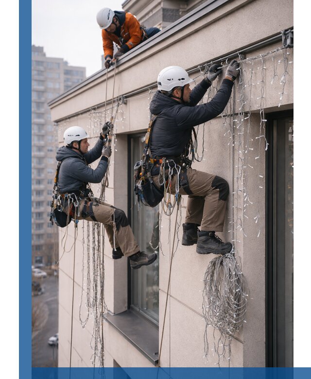 Монтаж праздничных гирлянд на фасаде в Камне-на-Оби для зданий