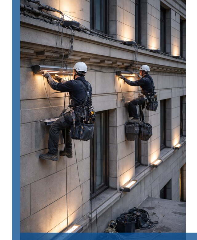 Монтаж архитектурной подсветки фасадов зданий в Камне-на-Оби