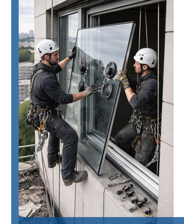 Замена стеклопакетов на высоте с промышленными альпинистами в Камне-на-Оби
