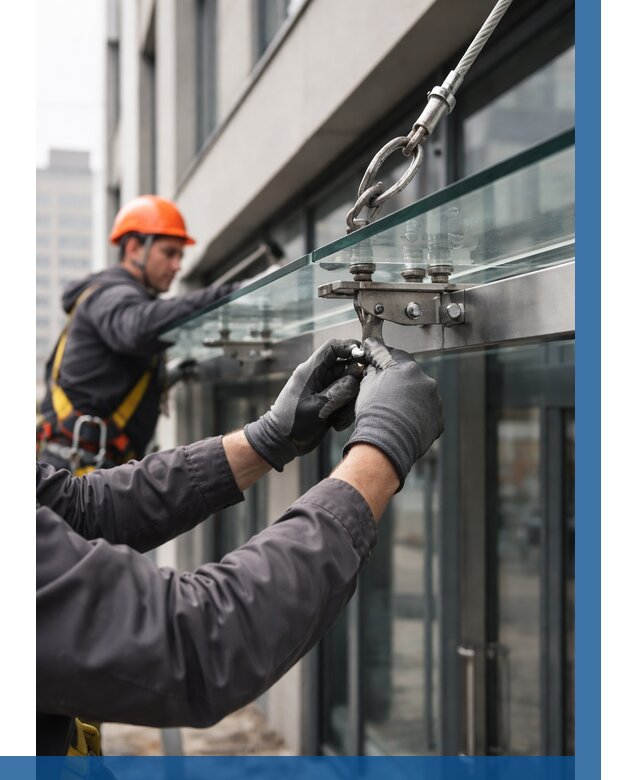 Монтаж стеклянных козырьков в Камне-на-Оби от 8628 р. | ВЫСОТНИК-Кно