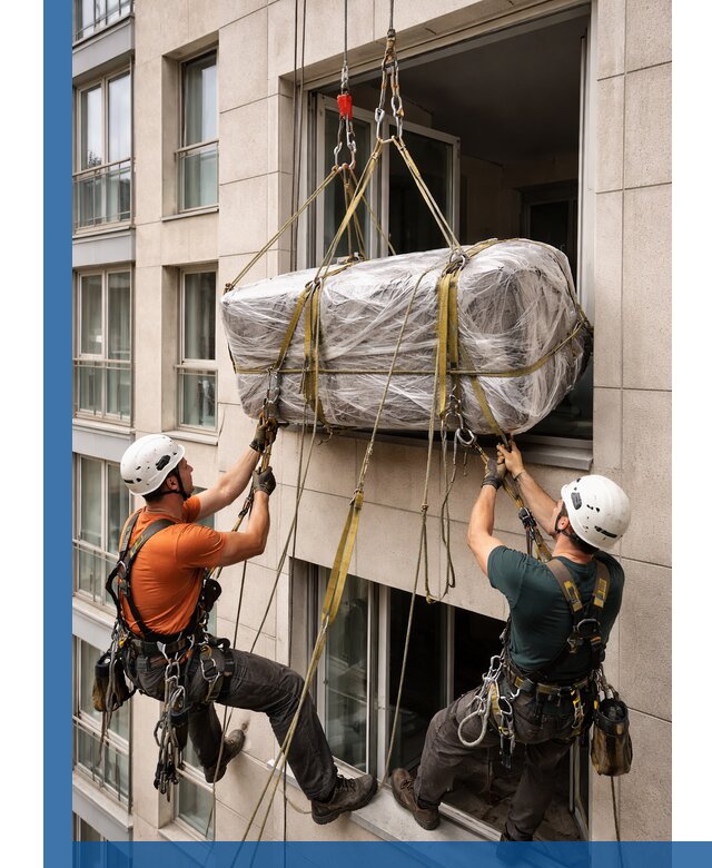 Подъем грузов через окно в Камне-на-Оби промышленными альпинистами