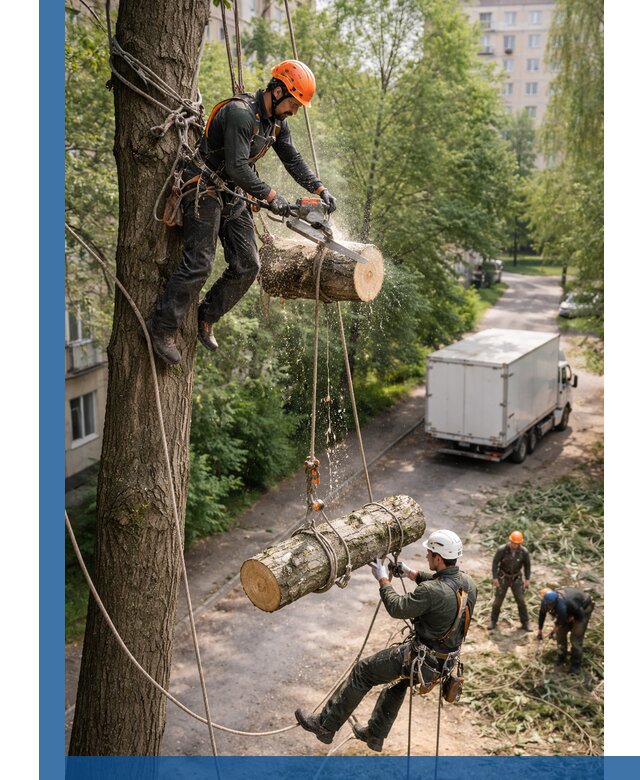 Спил деревьев альпинистами в Камне-на-Оби, безопасно и без повреждений