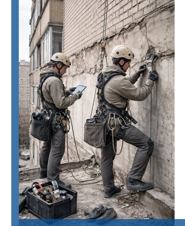 Обследование фасада промышленными альпинистами в Камне-на-Оби